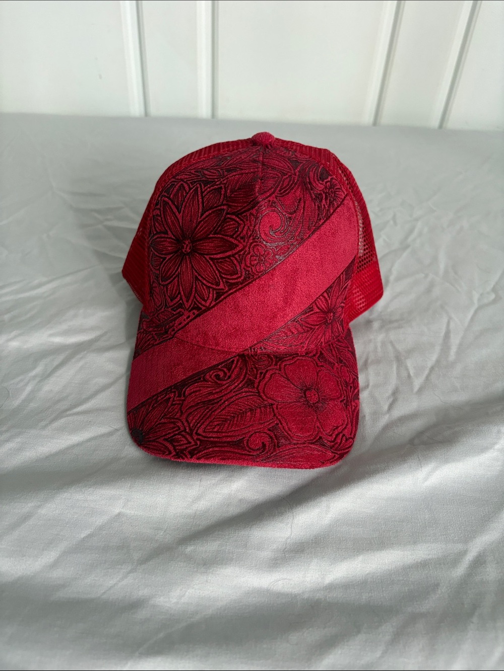 Red Floral Hand Burned Trucker Cap - Women's Accessory